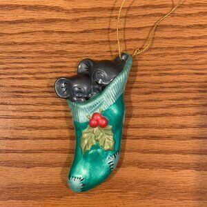 VINTAGE HANDMADE CERAMIC CHRISTMAS ORNAMENT, MOUSE IN A STOCKING